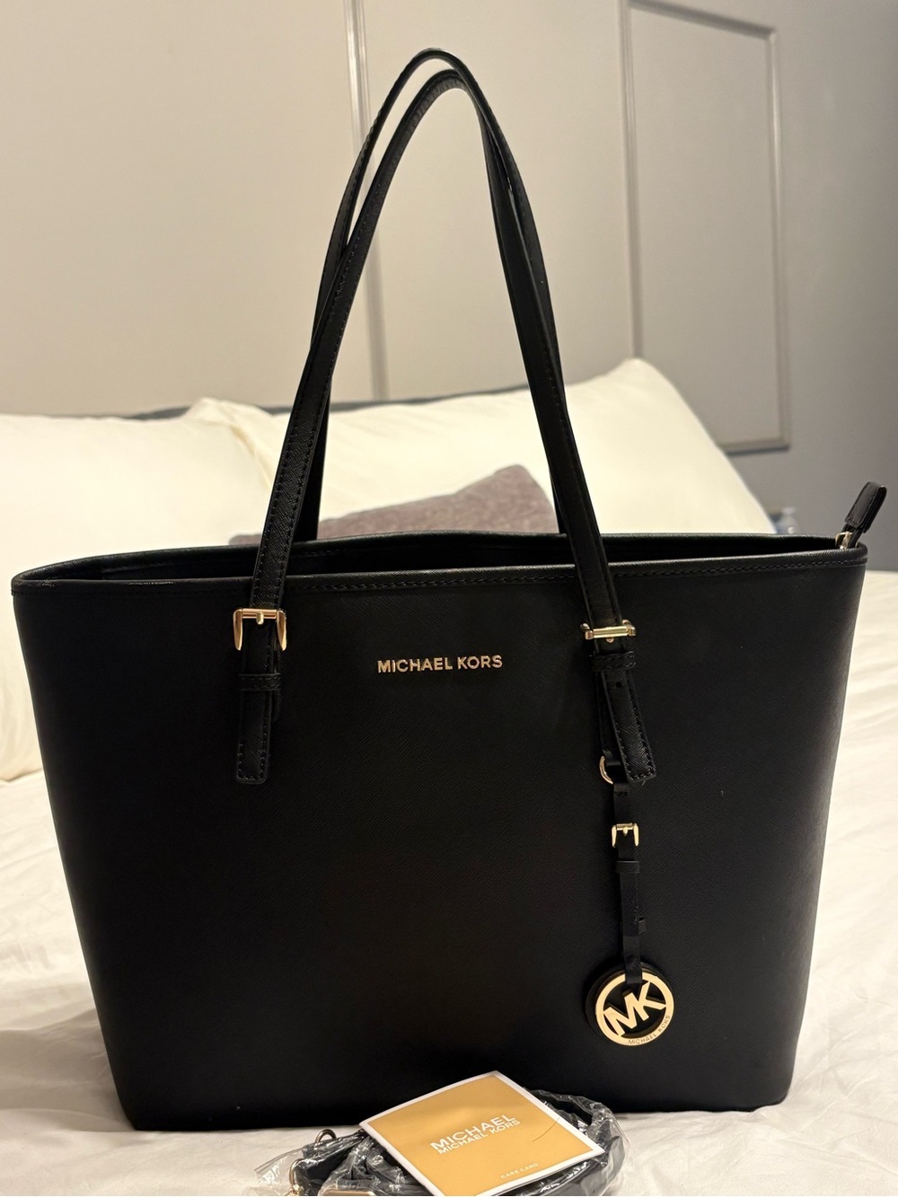Michael Kors Black Leather Tote with Gold Hardware